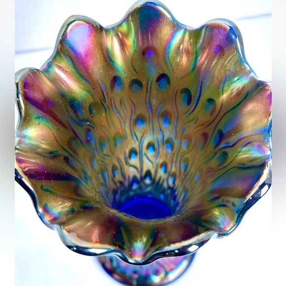 Rarest Cobalt Blue Glass Peacock Design 9 Finger Carnival vase Stunning - Picture 1 of 12